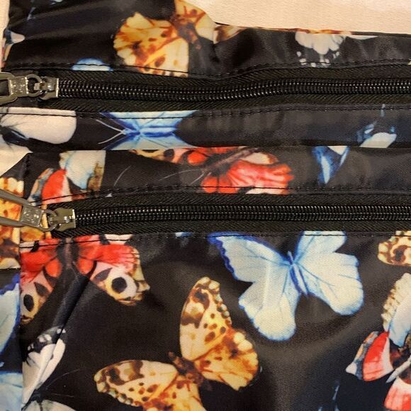 Soyater multi zipper compartment crossbody novelty nylon bag w/butterfly detail. - Picture 3 of 12